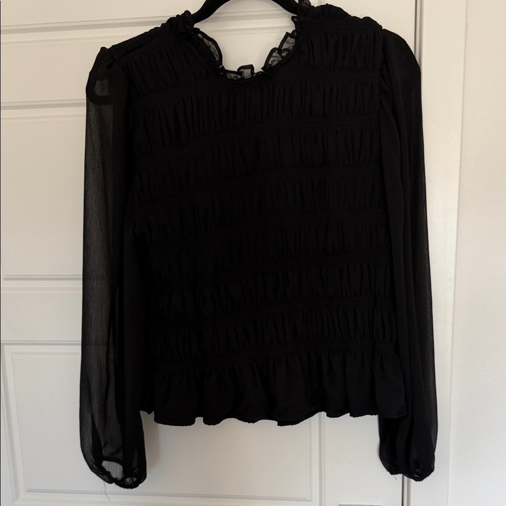 NWOT Marc New York Black Smocked Sheer-Sleeve Blouse